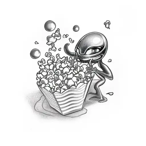 An alien eating popcorn at the cinema tattoo design idea