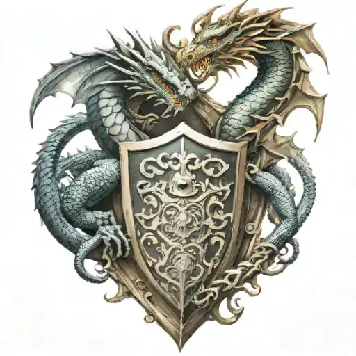 2 dragons holdingg an ornate shield  tattoo design idea