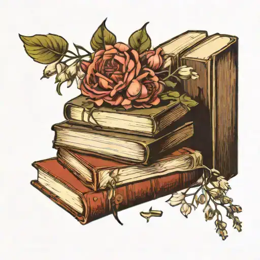 a stack of 3 old books and a 4th book on top of the stack open with a bouquet of flowers blooming out the centre  tattoo design idea