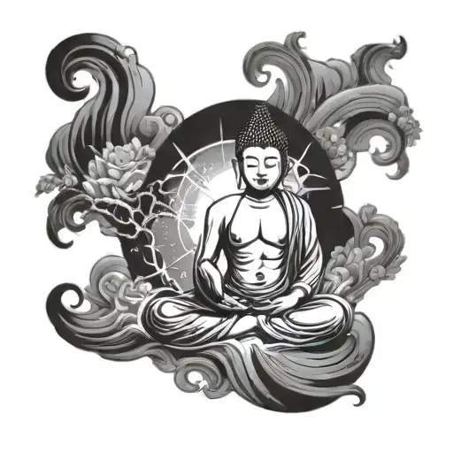 universe water Buddhist merging tattoo design idea
