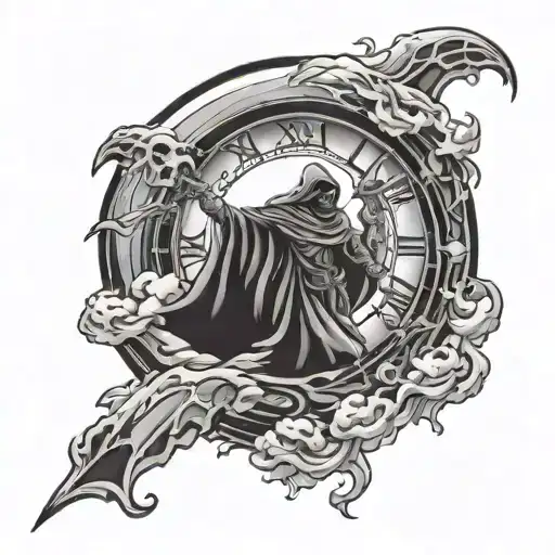 reaper clock moon thunder clouds surrounding tattoo design idea