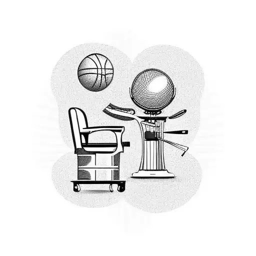 A barbershop scene with a barber pole in the foreground and a basketball hoop in the background tattoo design idea