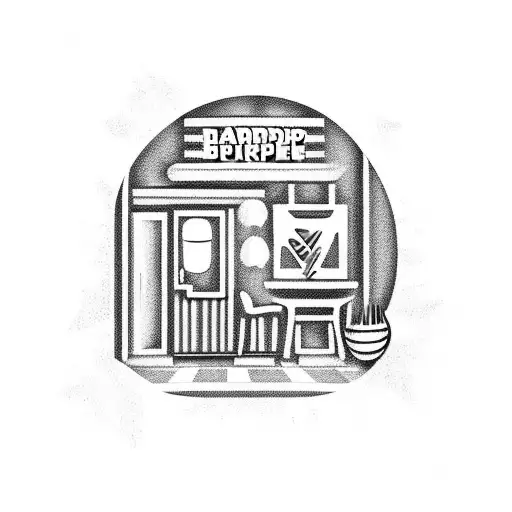 A barbershop scene with a barber pole in the foreground and a basketball hoop in the background tattoo design idea