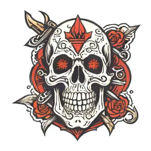 skull with daggers red points for eyes with spade cards with little skull heads on them tattoo design idea