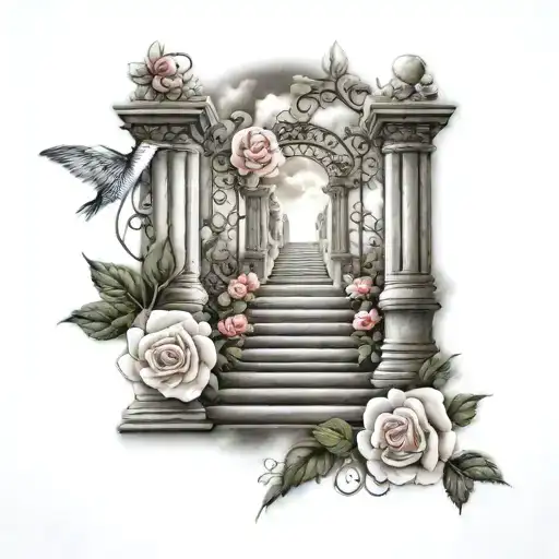 stairway to heaven with pearly gates and roses tattoo design idea