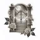 stairway to heaven with pearly gates and roses tattoo design idea