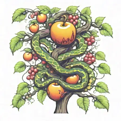 tree of forbidden fruit with snake wrapped around it tattoo design idea
