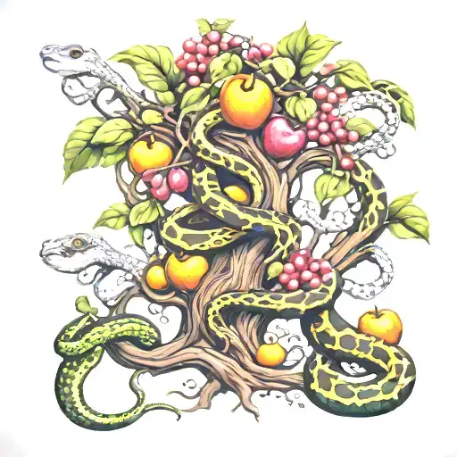 tree of forbidden fruit with snake wrapped around it tattoo design idea