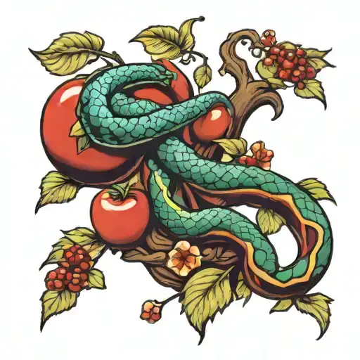 tree of forbidden fruit with snake wrapped around it tattoo design idea