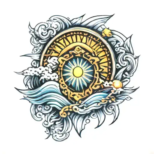 waves and warrior shield and sun rising tattoo design idea
