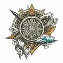 waves and warrior shield and sun rising tattoo design idea