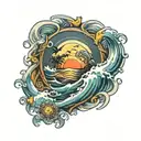 waves and warrior shield and sun rising tattoo design idea