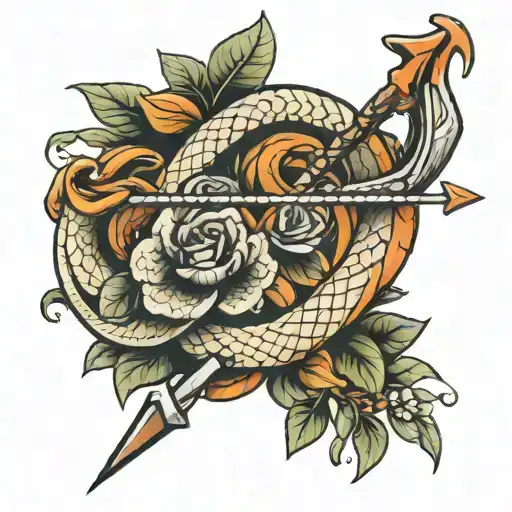 bow and arrow with snake intertwined  tattoo design idea