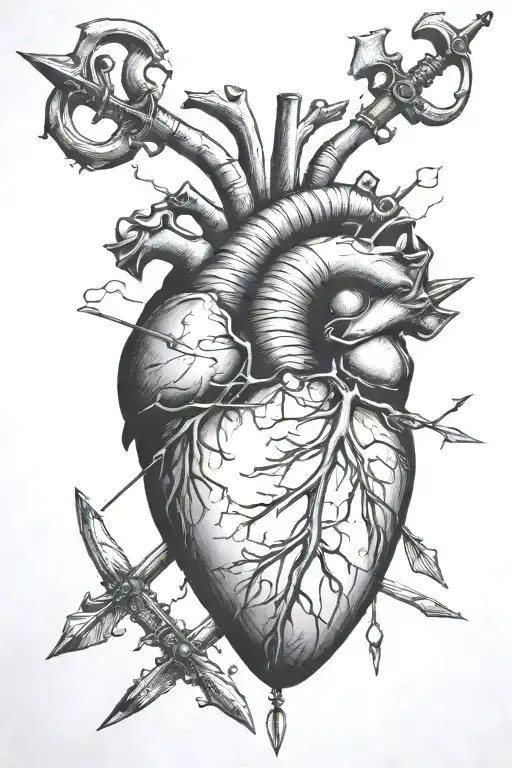 an anatomical heart with knives, swords and arrows stuck in it, realistic style, tattoo design idea