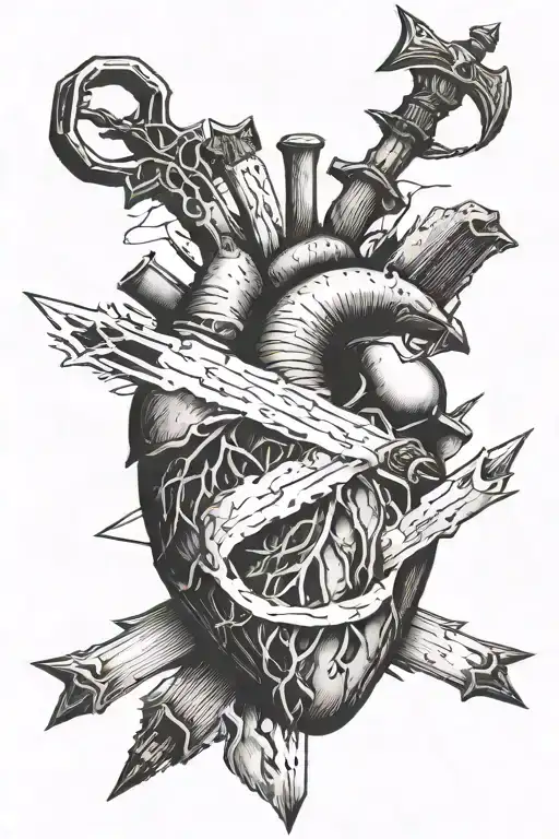 an anatomical heart with knives, swords and arrows stuck in it, realistic style, tattoo design idea