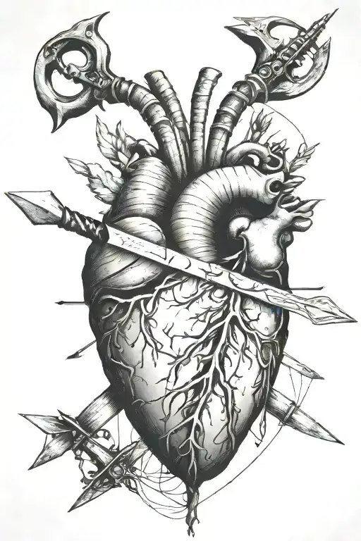 an anatomical heart with knives, swords and arrows stuck in it, realistic style, tattoo design idea