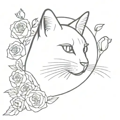 A minimalist design of a cat silhouette surrounded by roses, representing a love for both animals and flowers tattoo design idea