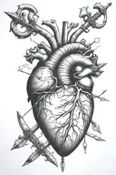 an anatomical heart with knives, swords and arrows stuck in it, realistic style, tattoo design idea