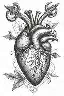 an anatomical heart with knives, swords and arrows stuck in it, realistic style, tattoo design idea
