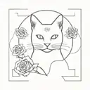 A minimalist design of a cat silhouette surrounded by roses, representing a love for both animals and flowers tattoo design idea