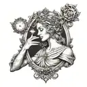 Aphrodite holding a blackwork mirror reflecting her true self tattoo design idea