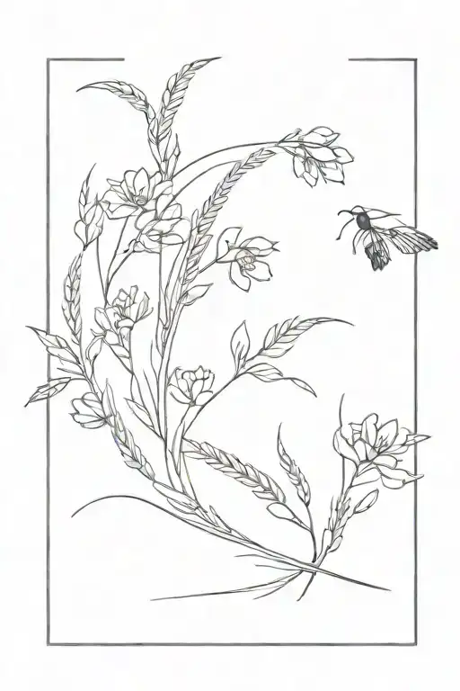 A wheat sheave with delicate flowers growing around it, symbolizing growth and abundance tattoo design idea