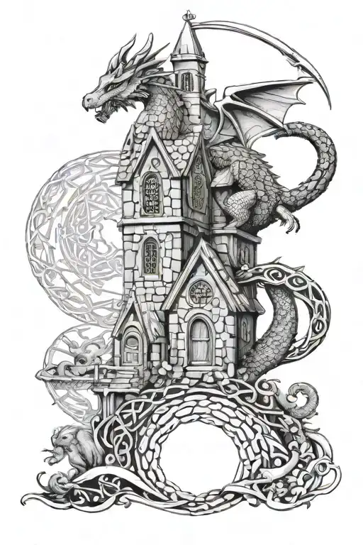 celtic church at nigh sky and incorporate wlesh dragon  tattoo design idea