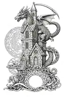 celtic church at nigh sky and incorporate wlesh dragon  tattoo design idea