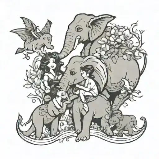 family, teacher, elephant, little mermaid surrounded tattoo design idea