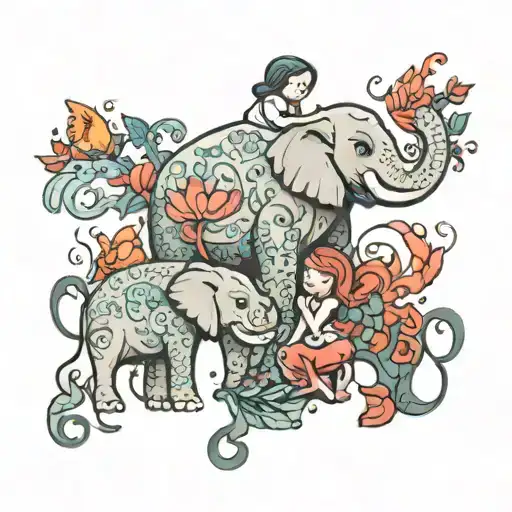 family, teacher, elephant, little mermaid surrounded tattoo design idea