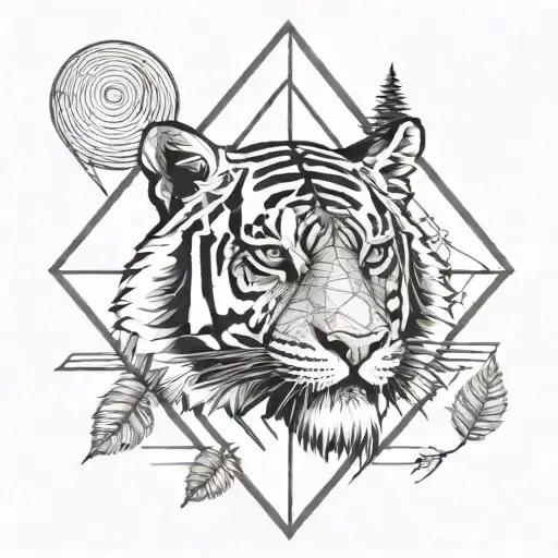 A geometric tiger head with a camping tent hidden within the patterns tattoo design idea