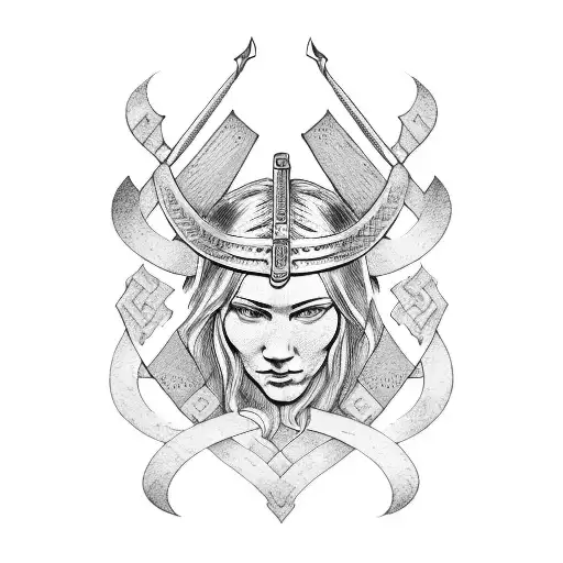 medieval engraved style featuring the three-quarter view of a Viking warrior woman's head tattoo design idea