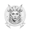 medieval engraved style featuring the three-quarter view of a Viking warrior woman's head tattoo design idea