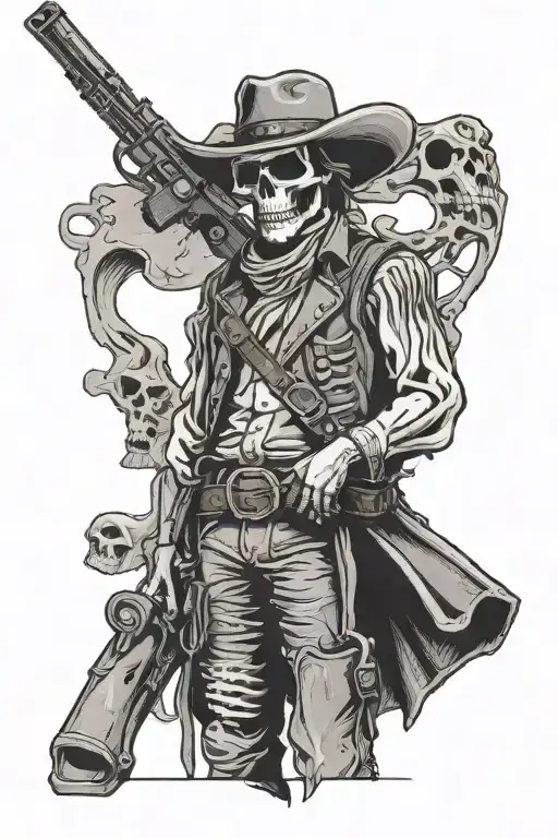 Skelton cowboy leaning holding rifle   tattoo design idea
