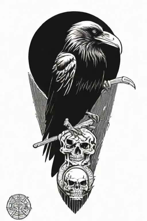 raven holding scythe in mouth perched on skull tattoo design idea