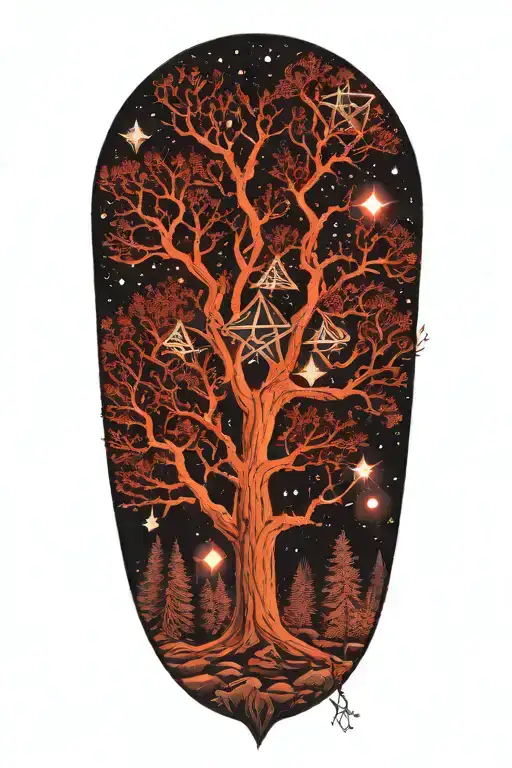 diamonds in the trees, pentagrams in the night sky tattoo design idea