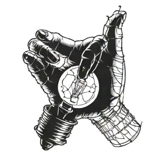 a broken lightbulb with a hand extending from the glass, the hand has long nails and the tips of each finger are black.  tattoo design idea