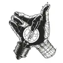 a broken lightbulb with a hand extending from the glass, the hand has long nails and the tips of each finger are black.  tattoo design idea