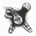 a broken lightbulb with a hand extending from the glass, the hand has long nails and the tips of each finger are black.  tattoo design idea