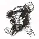 a broken lightbulb with a hand extending from the glass, the hand has long nails and the tips of each finger are black.  tattoo design idea