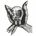 a broken lightbulb with a hand extending from the glass, the hand has long nails and the tips of each finger are black.  tattoo design idea