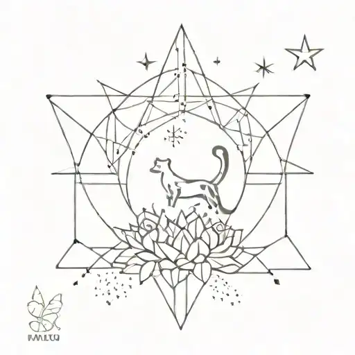 A geometric pattern tattoo featuring a cat's paw print, a blooming flower, a shooting star, and a desert horizon line, all intertwined to represent the client's favorite things tattoo design idea