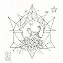 A geometric pattern tattoo featuring a cat's paw print, a blooming flower, a shooting star, and a desert horizon line, all intertwined to represent the client's favorite things tattoo design idea