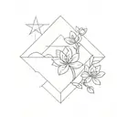 A geometric pattern tattoo featuring a cat's paw print, a blooming flower, a shooting star, and a desert horizon line, all intertwined to represent the client's favorite things tattoo design idea