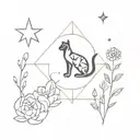 A geometric pattern tattoo featuring a cat's paw print, a blooming flower, a shooting star, and a desert horizon line, all intertwined to represent the client's favorite things tattoo design idea