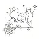 A geometric pattern tattoo featuring a cat's paw print, a blooming flower, a shooting star, and a desert horizon line, all intertwined to represent the client's favorite things tattoo design idea