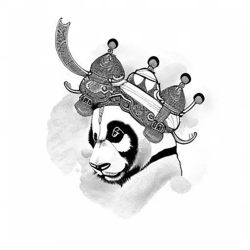 panda warrior with blue eyes and wearing a chinese hat tattoo design idea