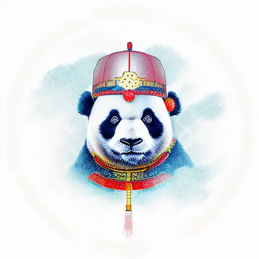panda warrior with blue eyes and wearing a chinese hat tattoo design idea