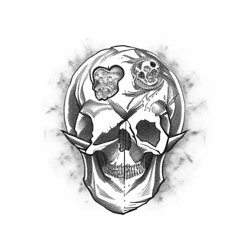 Skull with a broken heart-shaped eye socket tattoo design idea
