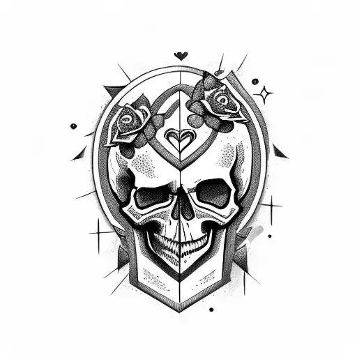 Skull with a broken heart-shaped eye socket tattoo design idea